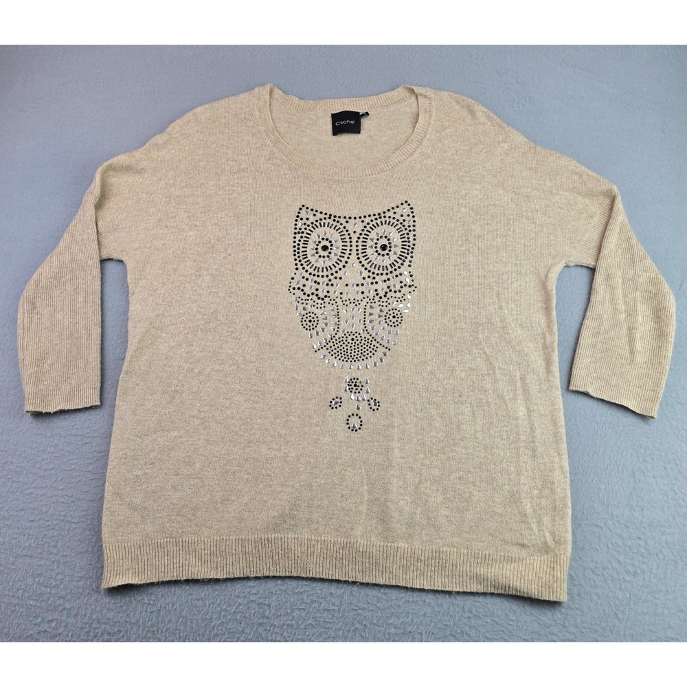 Cliche Sweater Womens Small Beige Embellished Owl Design Wool Blend Ribbed Trim